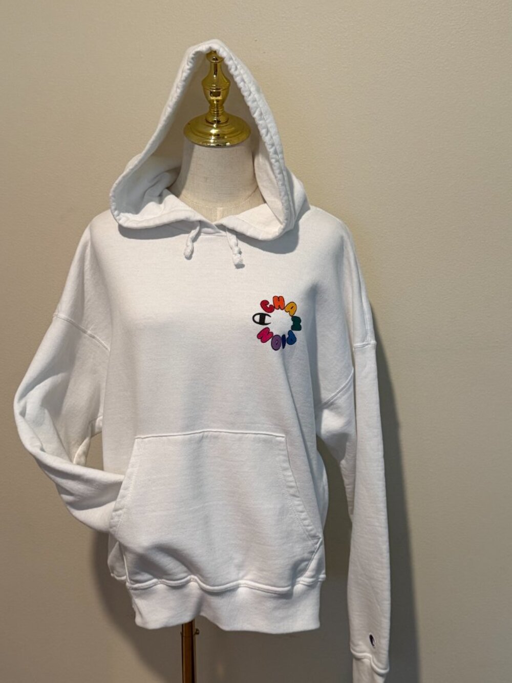 Champion Multicolor Embroidered Spellout Logo Hoodie White Size L - Picture 7 of 7